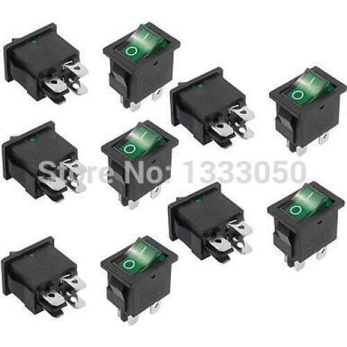 Hot selling 10 x AC 6A/250V 10A/125V 4 Terminal DPST Green Lamp O/F On-Off Rocker Switch KCD1-104N