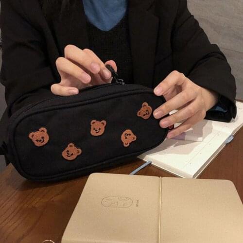 Kawaii Bear Embroidery Canvas Pencil Bag Pen Case Kids Gift Cosmetic Stationery Pouch School Supplies 53CF