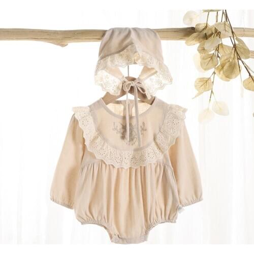 Newborn Jumpsuit 2020 New Spring Autumn Baby Girls Lace Princess Romper Fashion Infant Solid color Long sleeve Jumpsuits + Hat