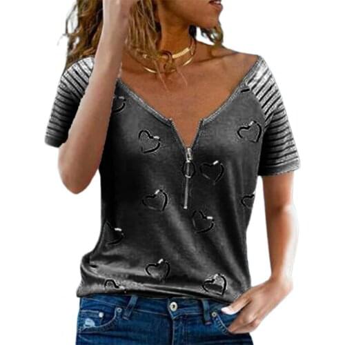 Hot Summer Women T-shirt Short Sleeve Zipper V Neck Striped Heart Print Loose T shirt Top Work T-shirt