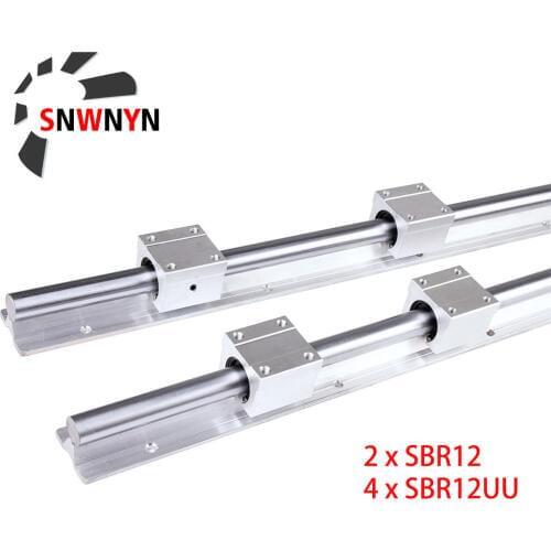 2 Pcs SBR12 Linear Rail Guide Slide+4Pcs SBR12UU Bearing Block Length 300 500 600 800 1000 1200 1500mm Fully Supported Shaft Rod
