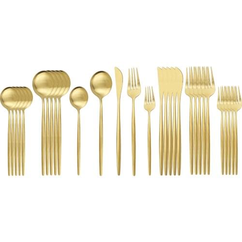 30Pcs White Gold Cutlery Set Matte Knife Spoon Fork Tableware Set Stainless Steel Dinnerware Set Kitchen Flatware Set Black Gold