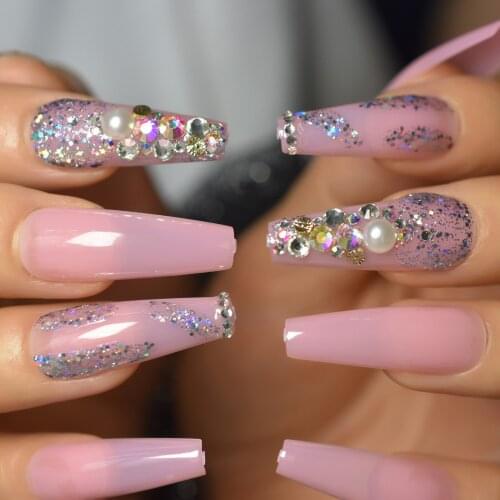 Super Long 3D Bling Diamond Holo Glitter French Ballerina Coffin False Fake Nails Jelly Pink Press on Party Finger Wear UV Nails