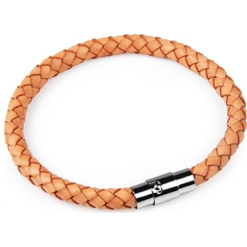 Orange Genuine Leather Bracelets Stainless Steel Buckle Ring Hand-woven Sports and Leisure Style Bangles Gifts For Men