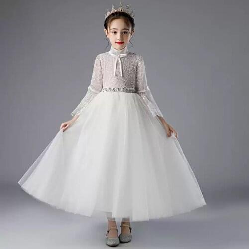 Flower Girl Dresses Illusion Full Luxury White Princess Floor-Length Tulle Lace Crystal Embroidery Elegant Kids Party Gown H412
