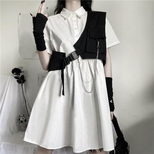 Ruibbit New Preppy Style Women loose Punk Gothic Dresses Vest 2-piece set Harajuku Vintage Mini Dress With Belt Vestidos