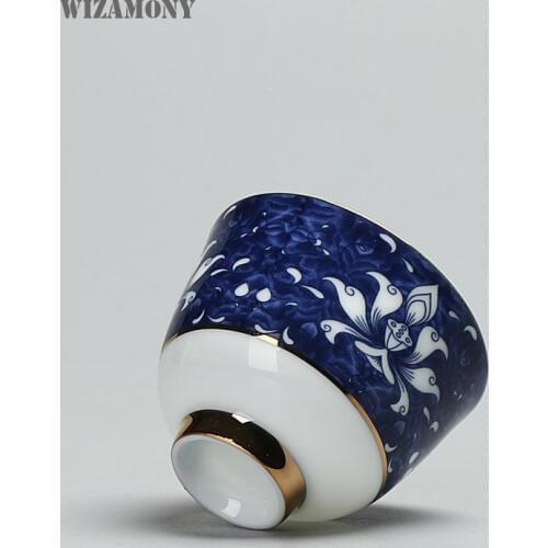 WIZAMONY Drinkware Golden Line Bue and White Chinese Porcelain Tea Bowl Teacup Tea Set Ceramic Atique Glaze Kung FuMaster Cup