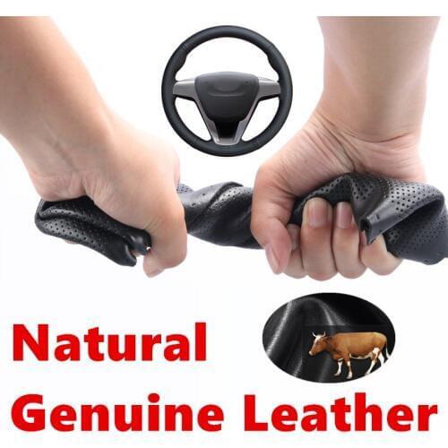 DIY Black Genuine Leather Hand-stitched Perforated Calfskin leather Car Steering Wheel Cover for Lada Vesta Xray 2015-2019