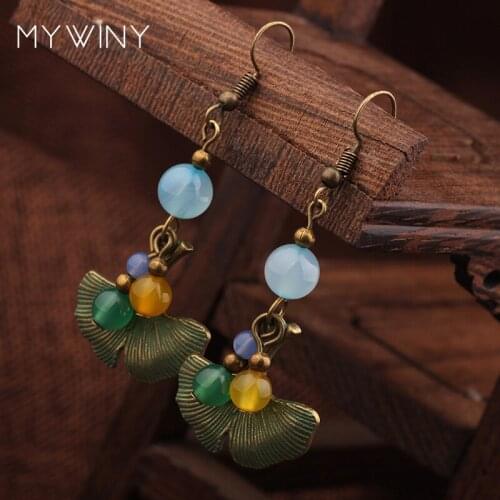 New Summer fashion green leaves dangle earrings , colored nature stones vintage earrings ethnic jewelry earrings