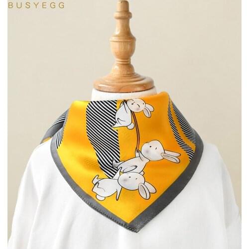 Cartoon yellow rabbit 50cm square fashion silk scarf for girls 100% real silk high quality head scarves lady luxury gift schal