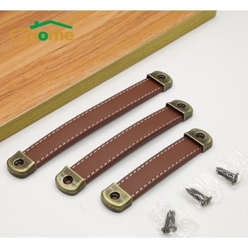 Modern Leather Handle Brown Furniture Cabinet Pulls Wardrobe Retro Classic Drawer Door Knobs Screws Furniture Hardware