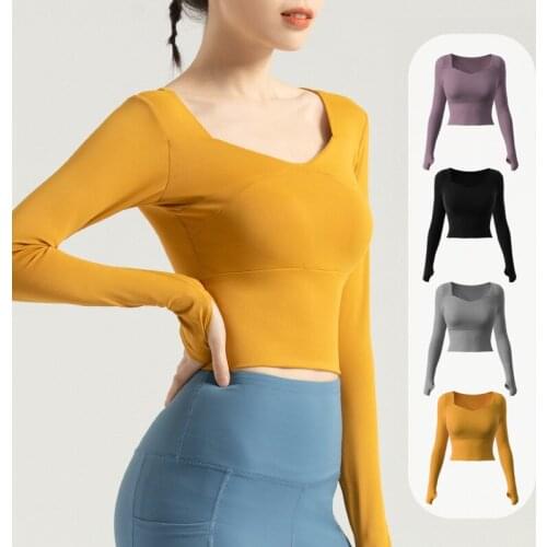 Sport Top With Build In Bra Gym Clothing Running Yoga Tops Women Fitness Long Sleeve Crop Top Square Neck Workout Yoga Shirts