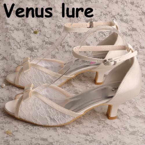 Ivory Bridal Wedding Shoes Peep Toe Ankle Strap Women Lace Sandals