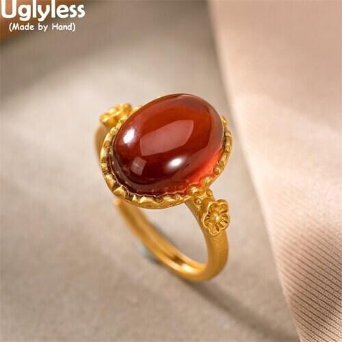 Uglyless Blood Amber Gold Flowers Rings for Women Pretty Garnet Red Ring Solid 925 Silver Romantic Floral Jewelry Dress Bijoux