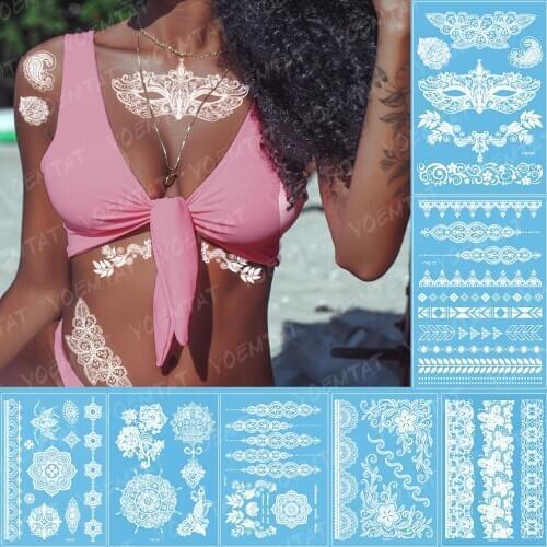 Waterproof Temporary Tattoo Sticker Mandala Flower Mask White Flash Tatto Indian Arab Women Party Henna Arm Body Art Fake Tatoo