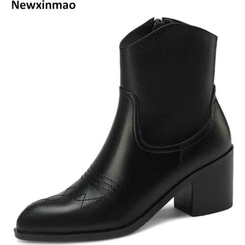 2021 new Side Zipper Ankle Boots Genuine Leather Round Toe Chunky Heels Pumps For Women Winter Office Lady Working Shoes Woman
