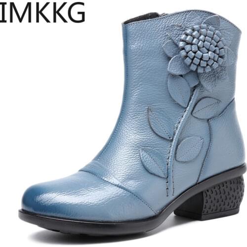 2019 Genuine Leather Women Boots Vintage Style med heels Booties Soft Cowhide Woman Shoes ladies Ankle Boots Zapatos Mujer