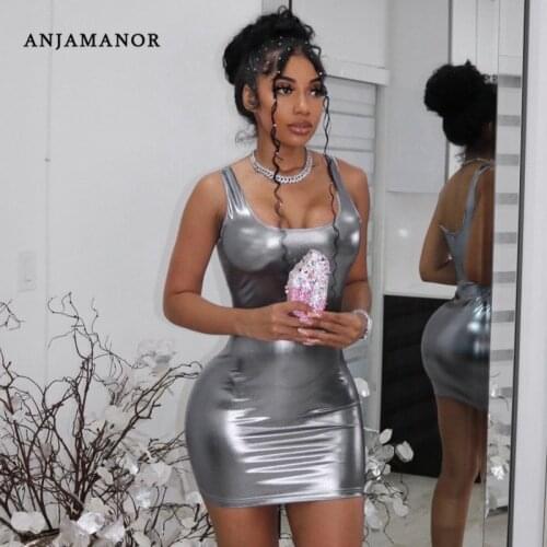 ANJAMANOR Sexy Patent Leather Metallic Bodycon Dress Sexy Outfits for Woman Night Club Party Sleeveless Mini Dresses D85-BZ12
