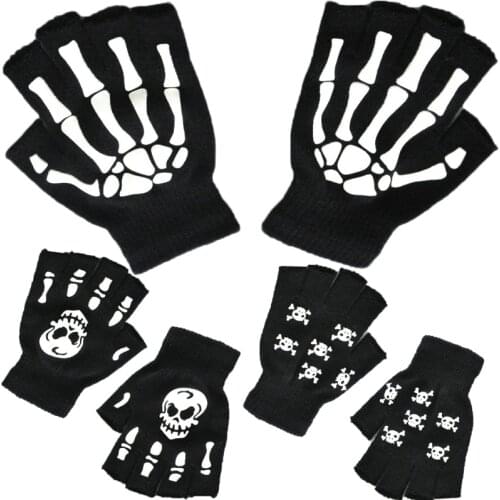 1Pair Warm Knitting Gloves For Adult Half Finger Gloves Human Skeleton Head Gripper Print Cycling Hiking Non-slip Wrist Gloves