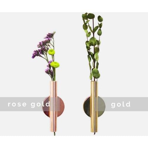 2PCS Wall Mount Flower Vase Tube Hanging Metal Plants Holder Rack With Round Shape Rose Gold Flower Holder Wall Decoration