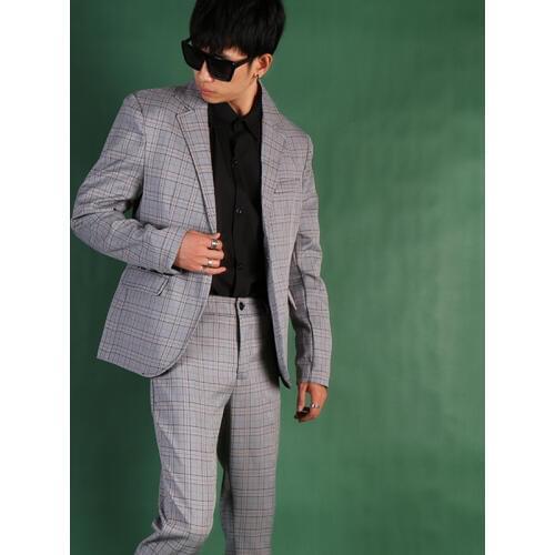 2020 New Mens Suits Wedding Groom Gray Plaid Suit England Korean Male Slim Nine Pants 2 Pcs Suit Men Nightclub Costumes M-4xl