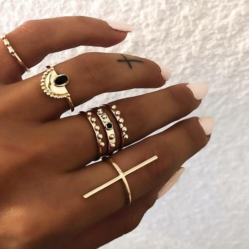 6Pcs/Set Boho Style Sector Cross Pattern Ring Sets for Women Vintage Gold Color Alloy Punk Knuckle Midi Rings New Gift