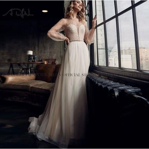ADLN Two Pieces Wedding Dresses with Pearls Puffed Sleeves 2021 Bridal Gown Robe de Mariage Plus Size Bride Dress