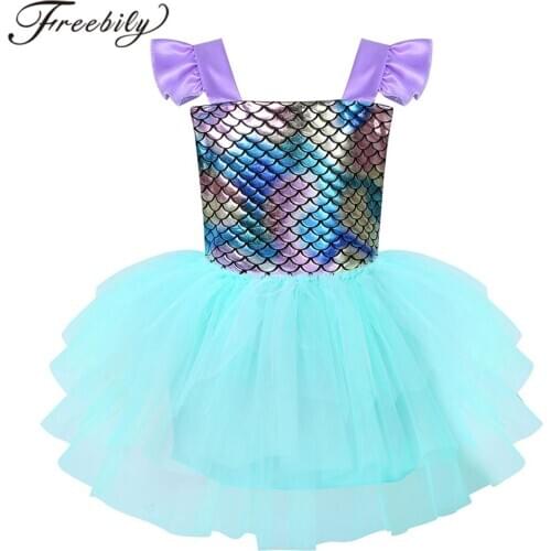 Baby Girls Dance Ballet Tutu Dress Sleeveless Glossy Fish Scales Backless Mesh Splice Mermaid Dress Girl Performance Dance Wear