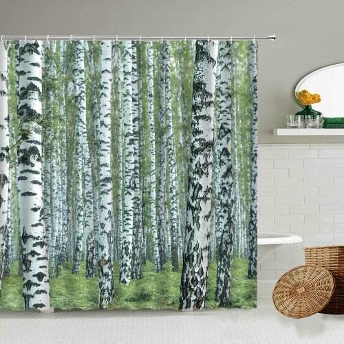 White Birch Tree Forest Leaf Shower Curtain Trunk Green Plant Bathroom Waterproof Polyester Screen Home Decoration With Hook Set
