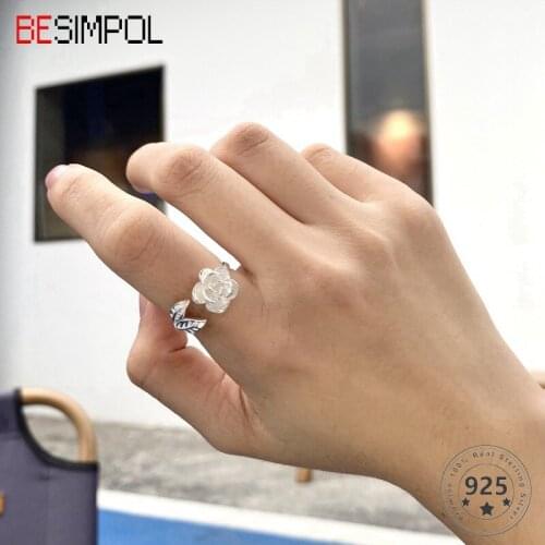 Besimpol Korean Real 925 Sterling Silver Sweet Ring Vintage Rose Petal Flower Adjustable Open Rings For Women Fine Jewelry Gifts