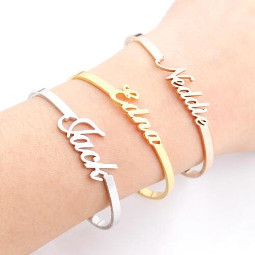 CAVSUAT Bridesmaid Custom Name Bangles For Women Kids Handmade DIY Any Word Letter Flat Cuff Bracelet Charm Personalized Jewelry
