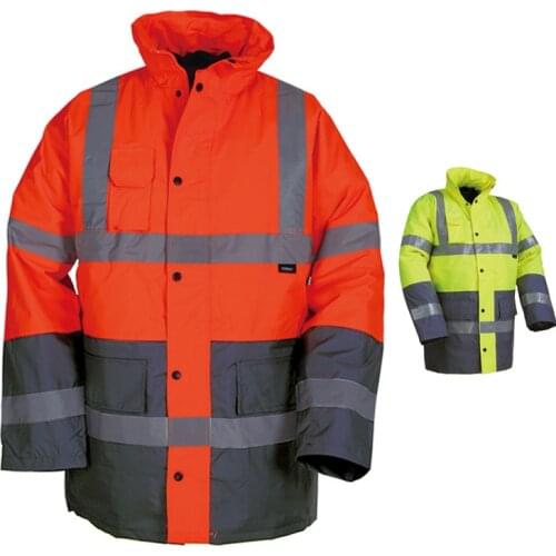 EN471 ANSI/SEA 107 Hi vis Two Tone Waterproof Safety Parka Jacket With Reflective Tape Orange Safety Workwear Winter Jacket
