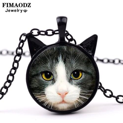 FIMAODZ Cute Cat Necklace for Women Kids Black White Kitten Glass Photo Two Ears Long Chain Necklace for Pet Animal Lovers Gift