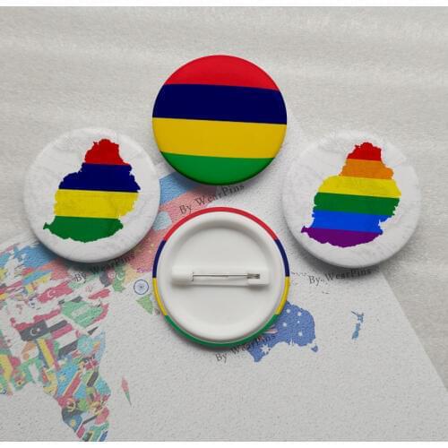 Mauritius Flag Map Tin Button Pins LGBT Gay Rainbow Pride Tin Button Badges