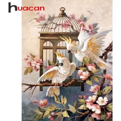Huacan Full Drill 5D Diamond Painting Parrot Cage Cross Stitch Diamond Mosaic Flower Animal Wall Decoration Handcraft