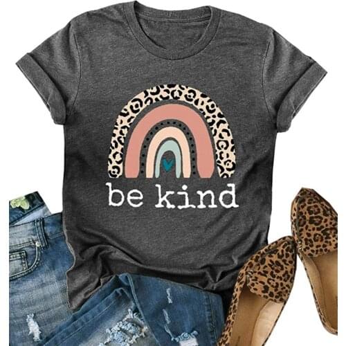 INITIALDREAM 2021 Summer Woman Tops Rainbow Be kind Print t shirt Women New Fashion O-Neck Loose Cotton tshirts