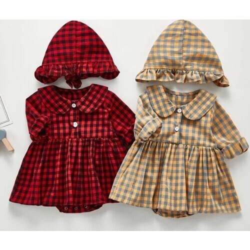 Baby Girl Rompers Newborn Rompers Clothes Baby Girl Bodysuits Baby Girl Doll Collar Long Sleeves Grid Rompers And Hat