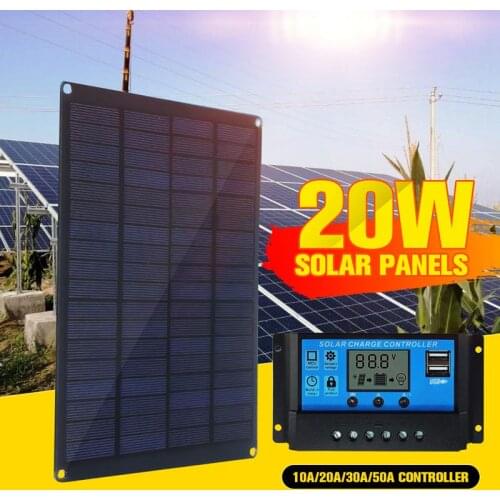 20W Solar Panel Kit 18V/5V USB Solar Mobie Charger Solar Cell with 10A/20A/30A/40A/50A/60A Controller for Outdoor Camping Hiking