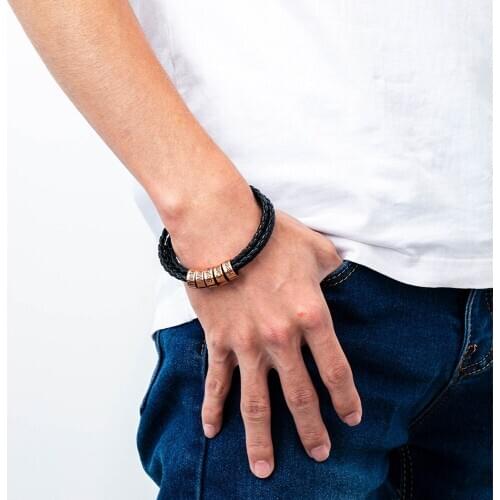 Personalized Woven Leather Bracelet with 5 Engraved Beads Custom Family Name Men Bracelet Male Jewelry Gift