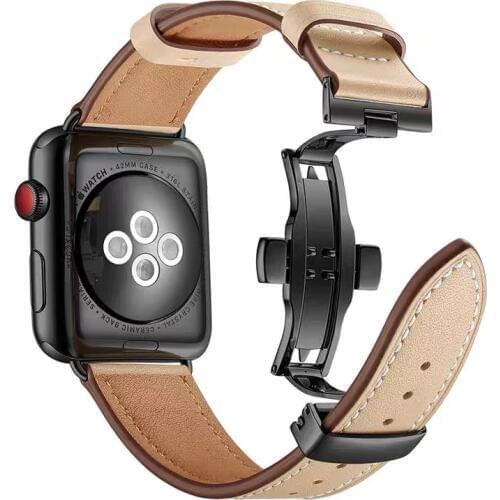 Leather Band for Apple Watch Series 5 4 3 44mm 40mm Black Butterfly clasp Wrist Bracelet Strap for iWatch 5 watchband 42mm 38mm