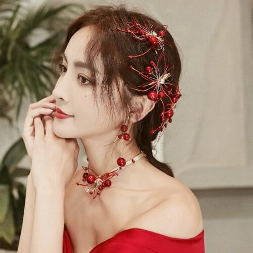 Red Pearl Wedding Chinese Style Toasting Service Hair Ornaments Wedding Disc Hair Petals Retro Super Fairy Handmade Hair