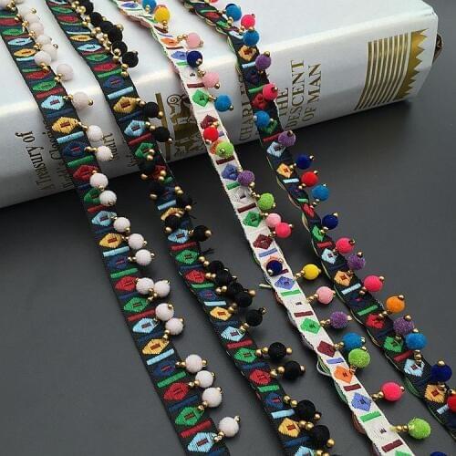 4Yards Bead Lace Trim Bohemian Ethnic Embroidery Lace Ribbon Colorful Round Ball Tassel Pompom Beads Pendant Collars Accessories