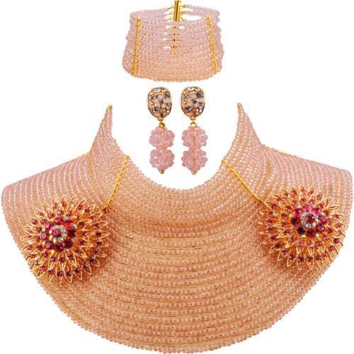 Fashion African Necklace Jewelry Set Peach 25 Layers 4mm Crystal Bead Necklace Bracelet Earrings Party Jewelry Sets 25LC10