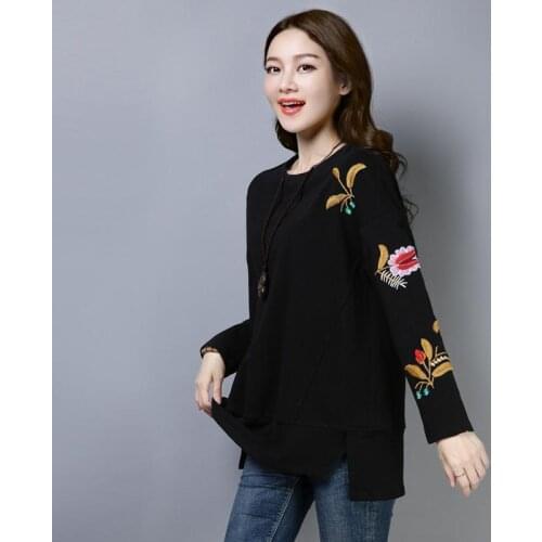 Fashion 2021 Spring Autumn Women T Shirts O Neck Loose Long Sleeve Tee Embroidery Retro Harajuku Shirts Female Tops 4XL