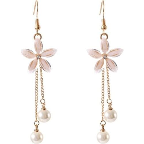 Fashion Clear Crystal Five-leaf Flower Long Statement Metal Chain Tassel Simulated Pearl Drop Earrings For Women Jewelry