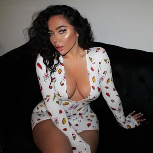 Trendy Womens Sexy Deep V Neck Bodysuit Print Long Sleeve Bodycon Rompers Jumpsuit Homewear Top