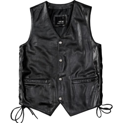 Genuine Leather Motorcycle Vest Mens Motor Biker Wasitcoat Black Real Cowhide Leather Sleeveless Jacket Lace Up Slim Fit