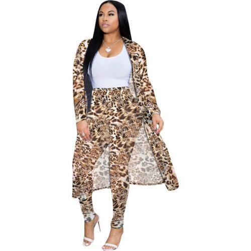 Autumn Leopard Print Womes Set Long Sleeve X-Long Cloak Top Pencil Pants Suit Streetwear Two Piece Set Tracksuit Outfit