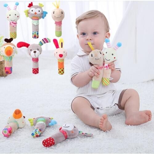Cute Baby Cartoon Animal Plush Doll Dog Owl Rabbit Bee Hand Rattle Toy Newborn Infant Soft Mobile Handbell