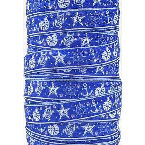 Q&N ribbon wholesale/OEM 5/8inch 15mm 160321002 ocean design on blue folded over elastic FOE for hair tie free shipping
